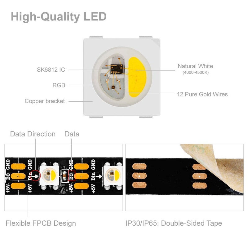 BTF-LIGHTING RGBW RGB+Natural White SK6812 (Similar WS2812B) 4 Colors in 1 LED Strip Individually Addressable 16.4ft 60Pixel/m 300LED Light Dream Color IP65 DC5V Black PCB (No Adapter or Controller) - Image 3